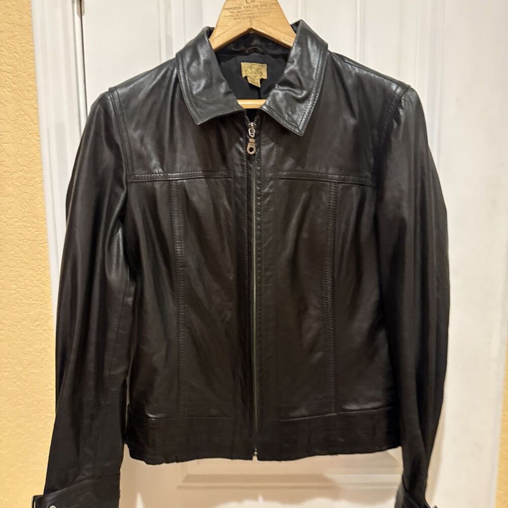 Caslon Black Leather Zip-Front Bomber Jacket